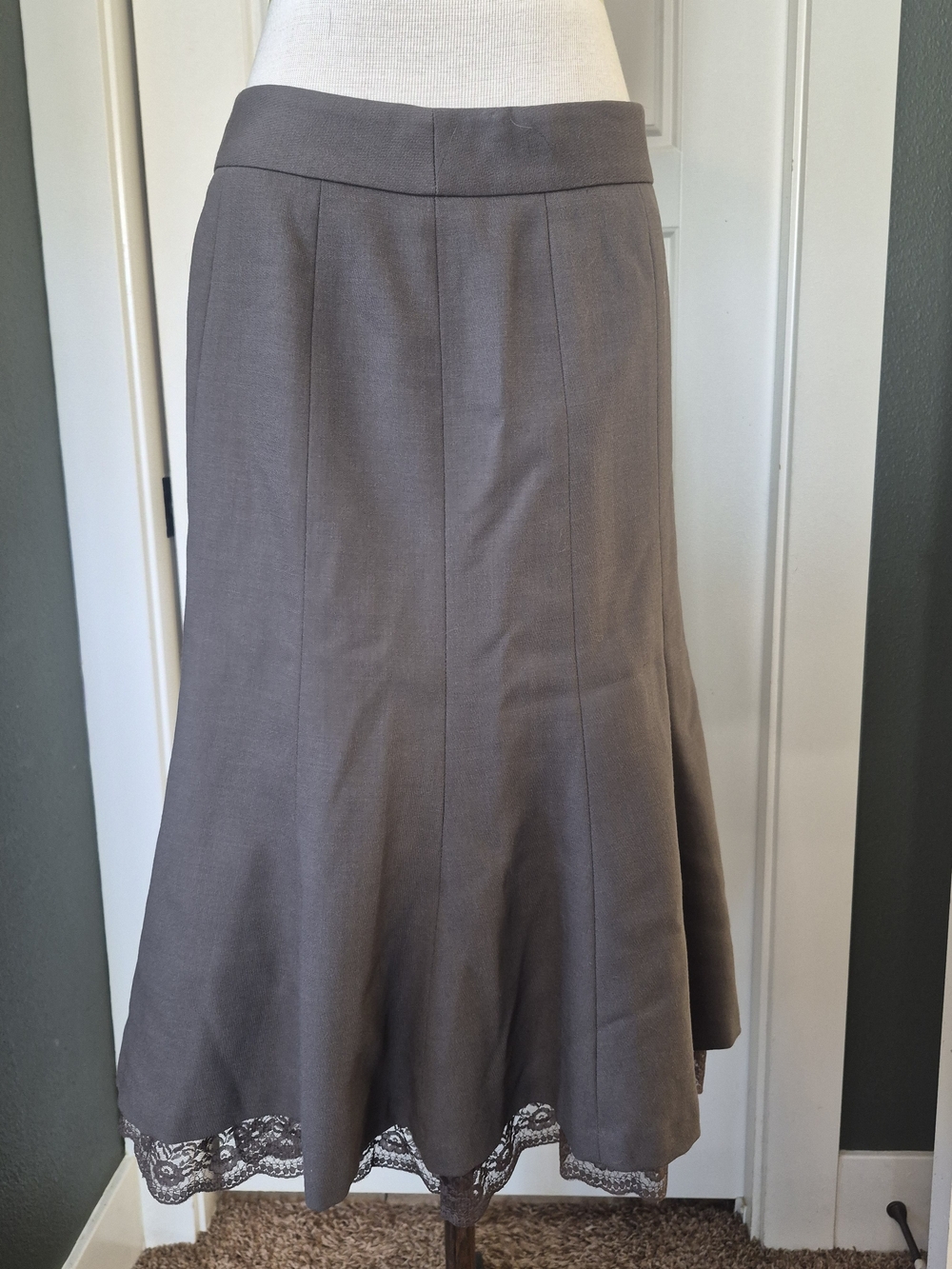 LOFT Gray A-Line Midi Skirt with Lace Trim